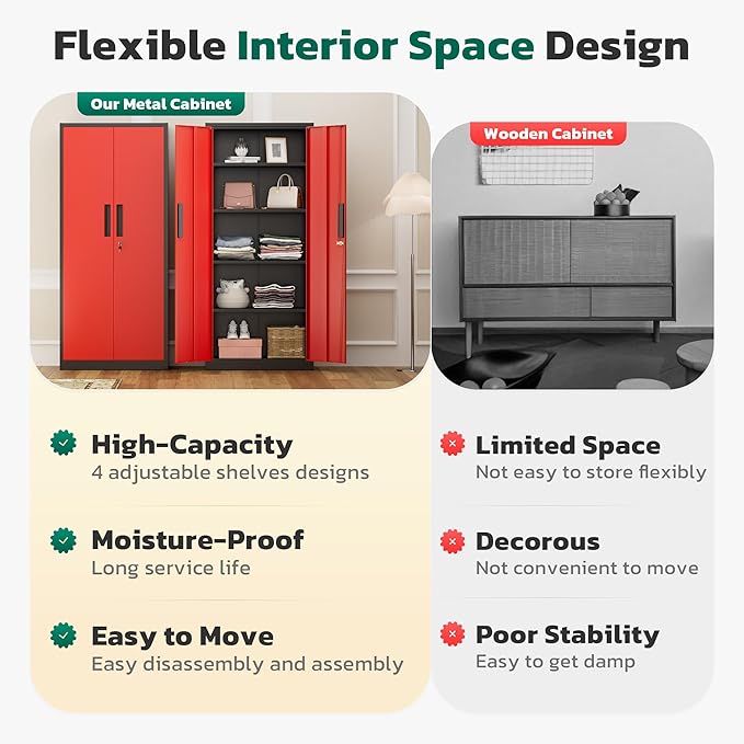 Greenvelly Metal Pantry Cabinet, 63”Tall Kitchen Pantry Storage Cabinets with 2 Lock Doors and 4 Adjustable Shelves for Home Office, Dinning Room,Garage(Black Red)