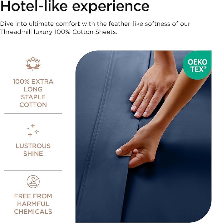 Threadmill Luxury 800 Thread Count Full Size 100% Cotton Sheets - Folkstone Blue Sateen Weave Bed-Sheets, Better Than Egyptian Cotton, 4 Pc Solid Bed Set, Fits 16" Deep Pocket