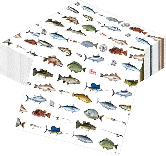 Gone Fishing Party Decorations, Disposable Paper Fish Napkins Supplies Pack of 50, Fishing Birthday Baby Shower Decor Size 6.5 Inch