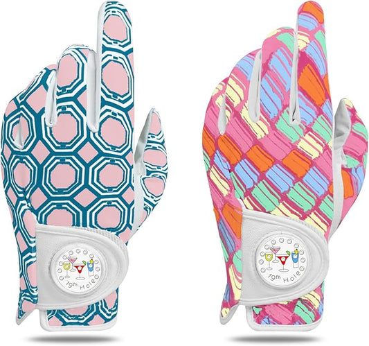 Golf Gloves Women with Ball Marker 2 Pack, Right Handed Golfer Left Hand, Ladies Breathable Soft All Weather Grip Glove Fit Size Small Medium Large XL