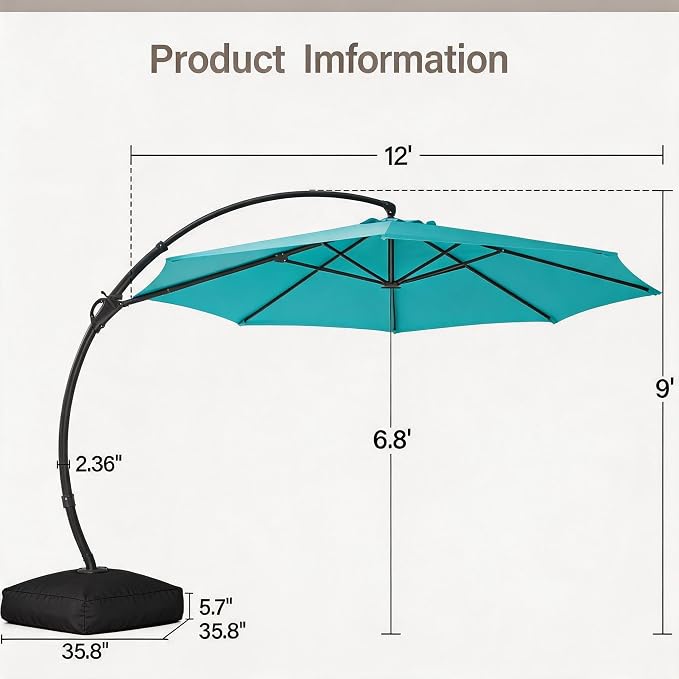 Outdoor Patio Umbrella with Base, 12 FT Deluxe Curvy Cantilever Umbrella Heavy - Image 3