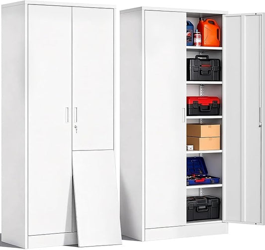 CJF Metal Storage Cabinets with 5 Adjustable Shelves, 71" H Locking Storage Cabinet for Garage, Office, School - White
