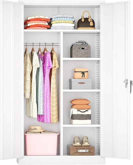 Greenvelly Metal Wardrobe Cabinet with Locking Doors, 72" H x 36" W White Metal Wardrobe Closet Cabinet with Hanging Rods and Adjustable Shelves, Steel Storage Closet for Home, Office, Employee, Gym
