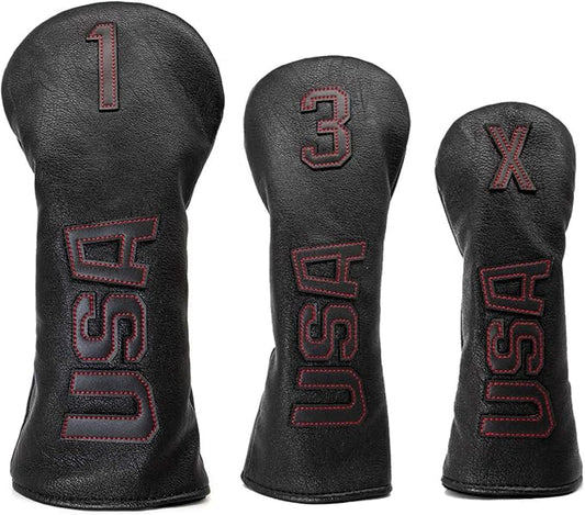Golf Club Head Covers,USA Golf Driver Headcover Fariway Wood Covers Hybrid Head Covers 3 Wood Headcover Leather Golf Headcover with Number Tag for All Brand