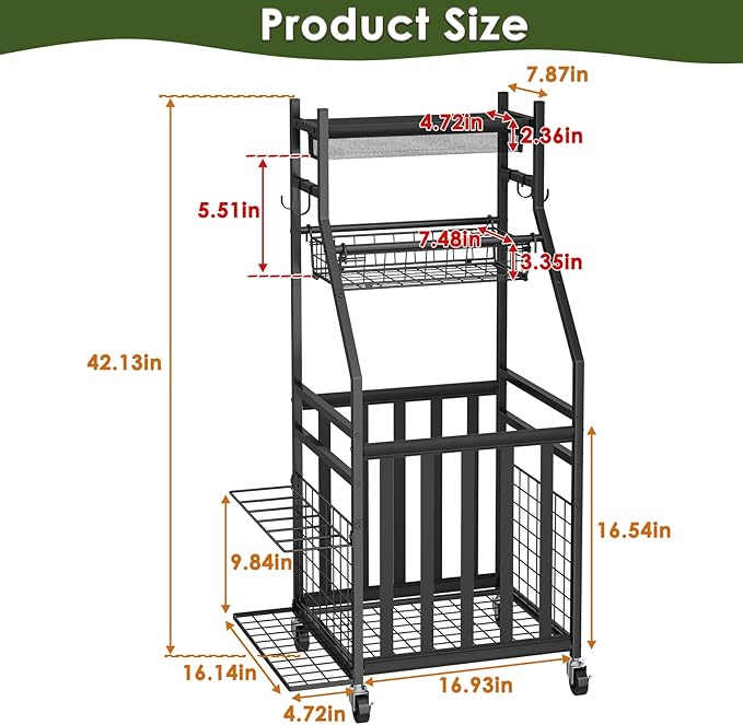 Sports Equipment Garage Organizer,Garage Ball Storage Rack with Elastic Straps,Small Rolling Ball Holder Cart with Wheels for Sports Gear,Indoor/Outdoor Toy Storage with Hooks and Baskets,BK