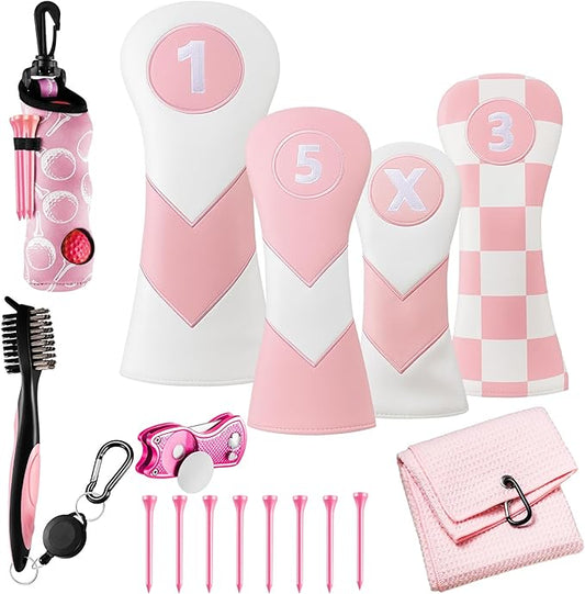 16 Pcs Pink Golf Accessories Kit Include 4 Pcs Golf Club Head Covers, Ball Bag with Hook Pink Towel Magnetic Ball Marker Tees Divot Tool Cleaner Brush for Christmas Women Girls Gifts