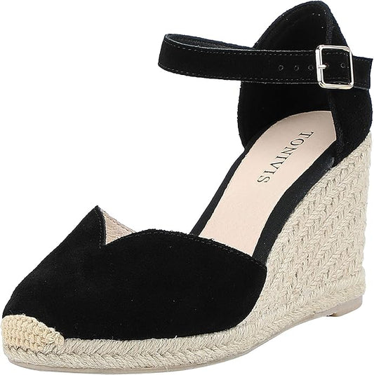 Platform Wedges Sandals for Women, 3" Wedge, Ankle-Strap, Cap Toe, Summer Espadrilles Heel Shoes