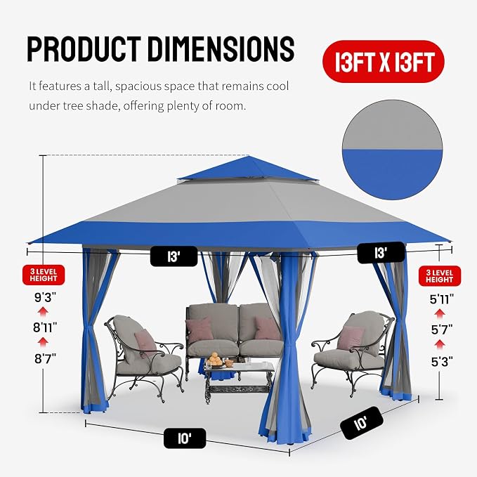 CROWN SHADES 13x13 Pop Up Gazebo, Outdoor Gazebo - Image 6