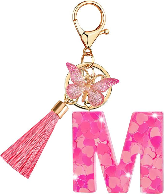 Suweibuke Colourful Cute Initial Letter Keychains for Women Girls with Tassel Butterfly, Charm for Purse Handbags Backpacks