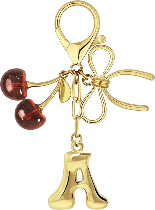 Gold Bubble Heart, Cherry, Bow & More Designs Letter Initial Keychain Bag Charms – Cute Purse Charms for Handbags