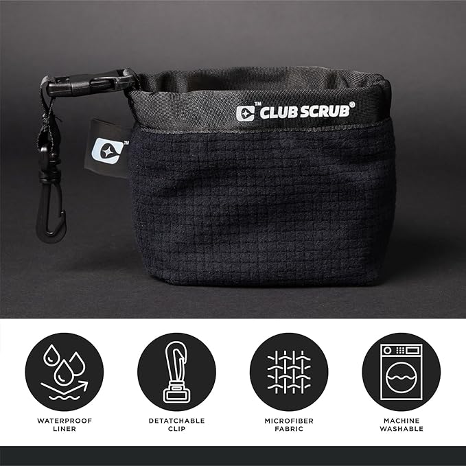 Club Scrub Golf Club and Golf Ball Cleaning Bag, Waterproof Clean Face Technology Liner, Detachable Clip, Machine Washable, Cleans Club Grooves, Dry Exterior (Neoprene or Microfiber Option Available)