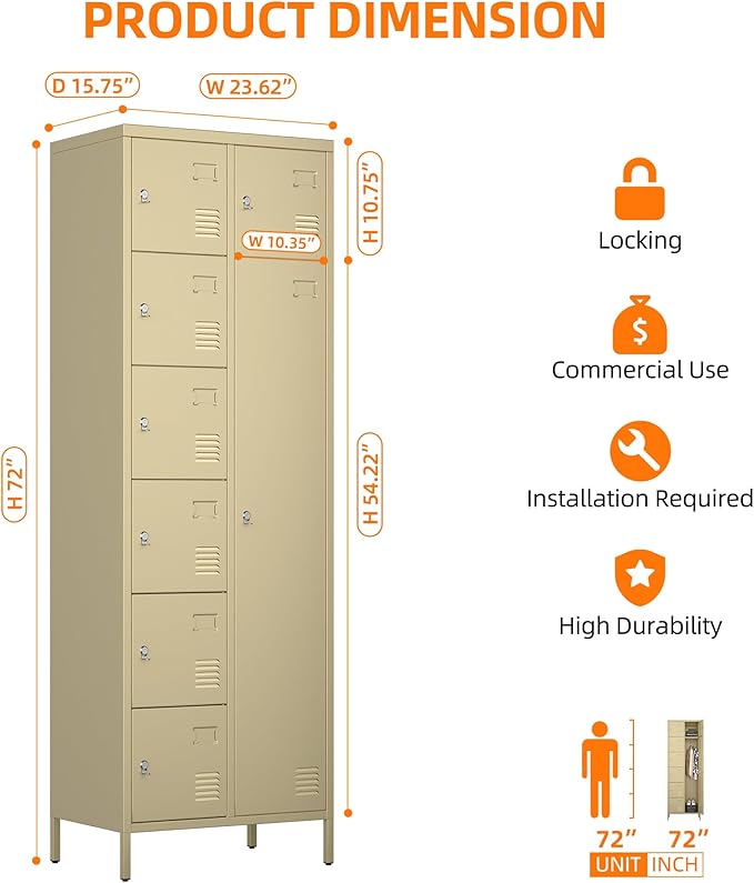 METAN Metal Locker for School Office Gym Bedroom, 8 Doors Steel Storage Locker Cabinet for Employees, Industrial Storage Locker, Assembly Required (Camel)