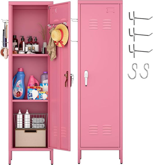 Aobabo 54" H Pink Metal Lockers, Storage Locker Cabinet with Lockable 1 Door and Towel Rack and 2 Side Pegboards with Hooks for Home School Office, Assembly Required