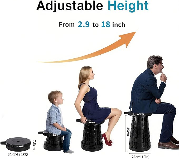 2025 Upgraded Collapsible Stool & 3IN1 Cushioned Carry Bag, Portable Telescopic Camping Chair, Adjustable Height Folding Step Stool Retractable Seat or Footrest for Outdoors & Indoor, Max 620lbs