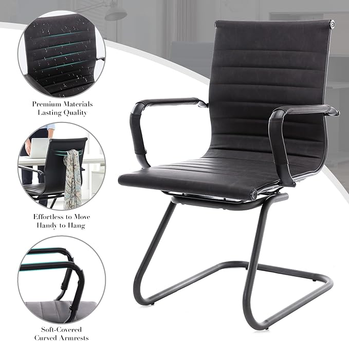 CIMOTA Waiting Room Chairs Leather Office Guest Chair Mid Back Reception Chairs with Sled Base for Meeting/Patient/Conference Room, Retro Black Set of 6