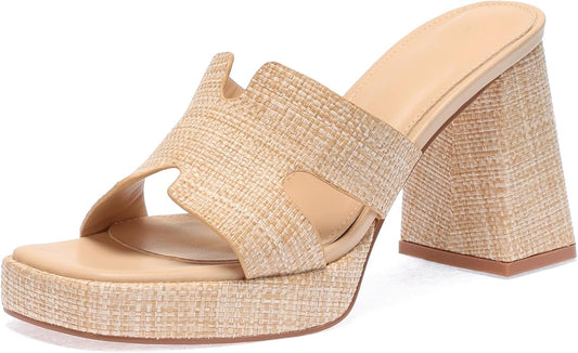 Monrovia Womens Sandals Heels for Women Slide On Block Chunky Platform High Heels Open Toe Raffia Wedge Sandals