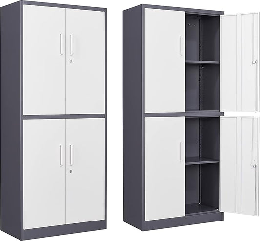 Yizosh Metal Storage Locking Cabinet with 4 Doors and 2 Adjustable Shelves,71" Lockable Garage Tall Steel Cabinet,for Home Office,Living Room,Pantry,Gym,Commercial Storage (Gray White)