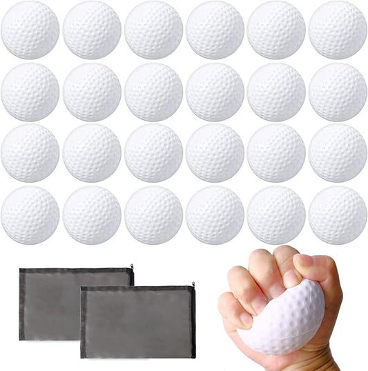 24 Pcs Mini Golf Stress Ball Bulk 2.5 Inch Foam Practice Balls for Stress Relief with 2 Black Mesh Storage Bags Sports Party Favors for Birthday Carnival Gift