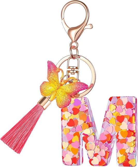 Suweibuke Colourful Cute Initial Letter Keychains for Women Girls with Tassel Butterfly, Charm for Purse Handbags Backpacks