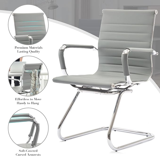 CIMOTA Waiting Room Chairs Leather Office Guest Chair Mid Back Reception Chairs with Sled Base for Meeting/Patient/Conference Room, Grey Set of 8