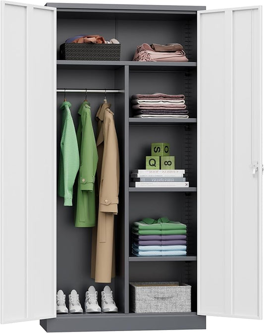 INTERGREAT Metal Wardrobe Closet, 72" Locking Storage Wardrobe Cabinet with White Doors and Shelves, 18 "D x 36" W Steel Clothes Storage for Office, Home, School, Gym (White Grey)
