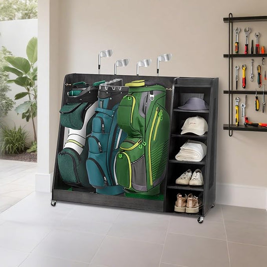 Wooden Golf Bag Organizer and Storage Rack, Accommodate Golf Bags and Golf Clubs/Hockey Sticks, Golf Balls, Inside and Outside The Garage shed Basement