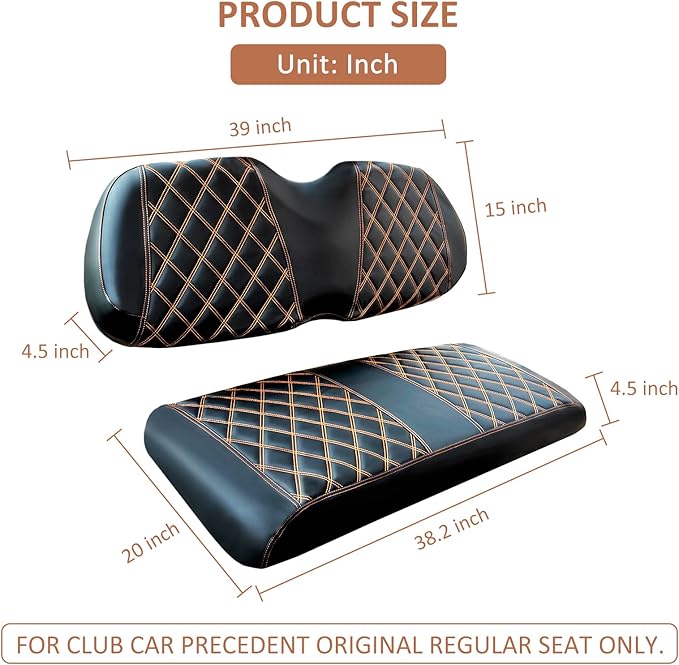 Golf Cart Seat Cover for Club Car Precedent Ordinary Front Seat Cushion, Thick Vinyl Leather Custom Diamond Comfortable, Adjustable Straps and Retractable Buckle/No Nails Required