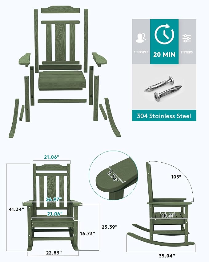 SERWALL Oversized Outdoor Rocking Chairs Set of 4, Patio Rocker, Avocado | - Image 6