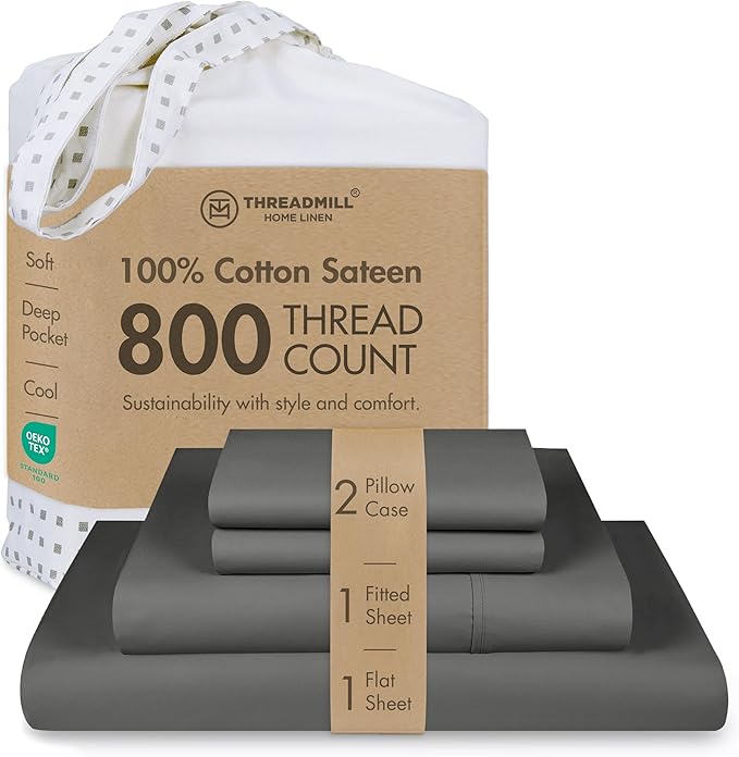 Threadmill Luxury 800 Thread Count King 100% Cotton Sheets - Dark Grey Sateen Weave Bed-Sheets, Better Than Egyptian Cotton,4 Pc Solid Soft Bedding Set, Fits 16" Deep Pocket