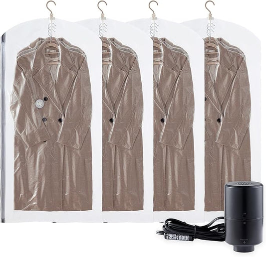 Hanging Vacuum Storage Bags with Electric Pump, 4 Pack (53 x27.5 inch), Vacuum Seal Bags for Clothing, Garment Storage for Short Jacket, Suits, Dresses, Closet Organizer Space Saving