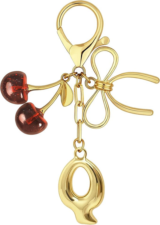 Gold Bubble Heart, Cherry, Bow & More Designs Letter Initial Keychain Bag Charms – Cute Purse Charms for Handbags
