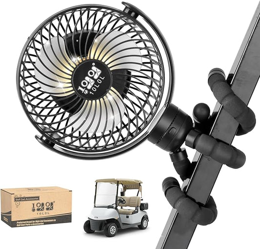 10L0L Golf Cart Fan Rechargeable with Flexible Tripod Mount - 10000mAh Battery Operated Portable Fan 360° Rotatable Head, Fits for Yamaha/EZGO/Club Car Golf Cart with LED Light