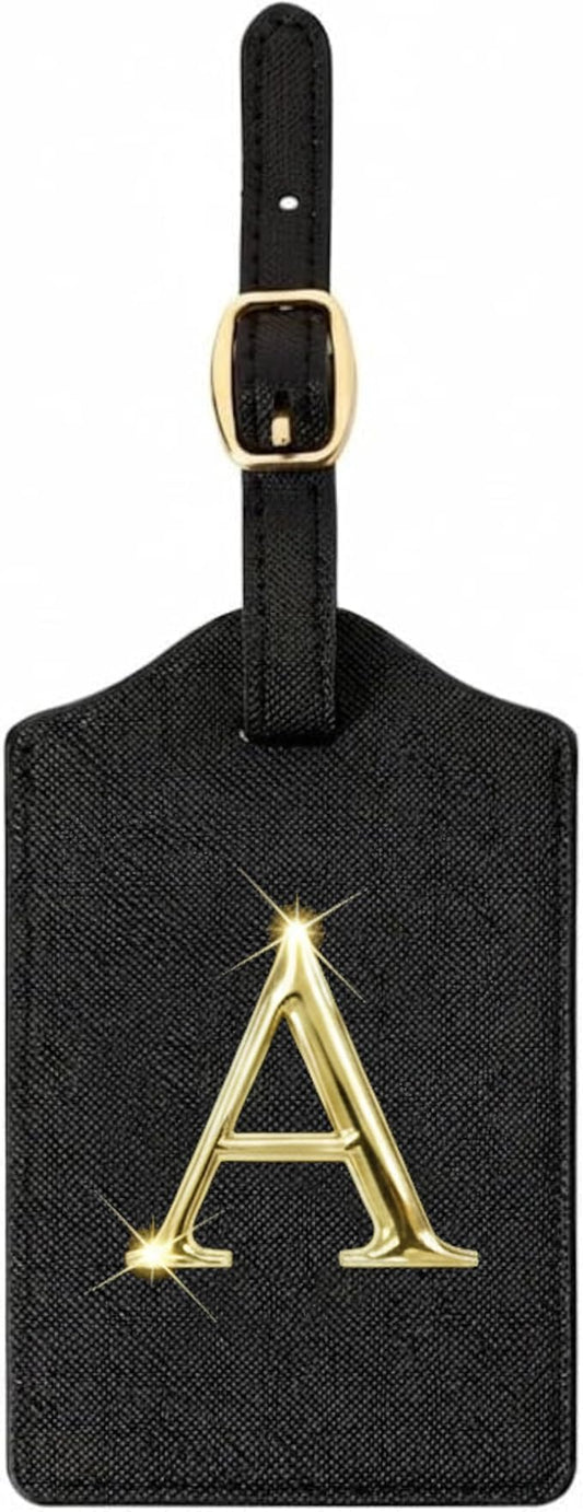 Personalized Initial Letter Luggage Tag for Suitcases PU Leather Baggage ID Tag with Metal Alphabet,Travel Accessory for Backpacks, Bags and Gift for Travelers (Black/Gold-Letter, A)