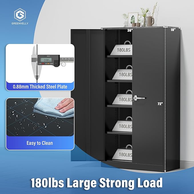 Greenvelly Metal Garage Storage Cabinet, 72'' Tall Storage Cabinet with 2 Doors and 4 Adjustable Shelves, Steel Lockable Tool Cabinets for Home Office, Garage, Basement, School (Black)