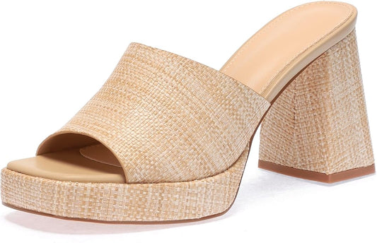 Monrovia Womens Sandals Heels for Women Slide On Block Chunky Platform High Heels Open Toe Raffia Wedge Sandals