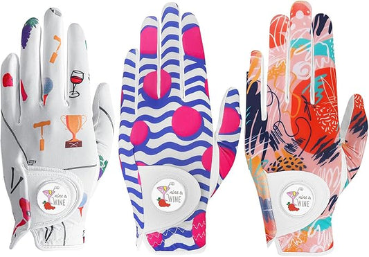 Golf Gloves Women with Ball Marker 2 Pack, Right Handed Golfer Left Hand, Ladies Breathable Soft All Weather Grip Glove Fit Size Small Medium Large XL