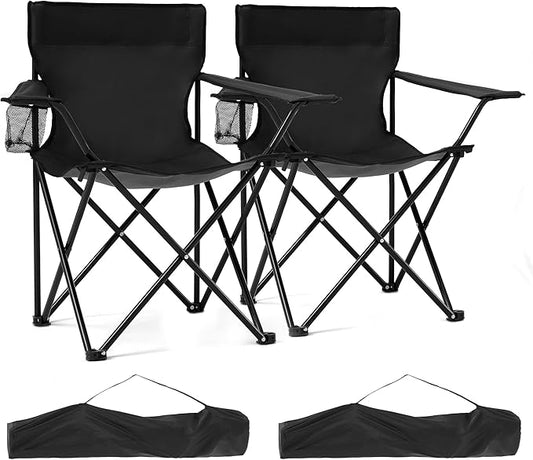 2 Pack Lightweight Portable Camping Chairs Folding Lawn Chair Outdoor Beach Chair with Cup Holder & Carry Bag for Outside Sports, Fishing, Hiking, Travel, Picnic, Backyard（Black）