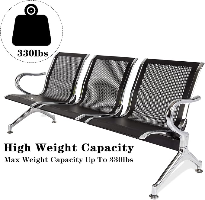 3-Seat Waiting Room Chairs - Waiting Room Bench with Arms Airport Reception Bench Guest Reception Chairs Lobby Bench Waiting Area for Airport Market Bank Hospital School Barbersho, Black