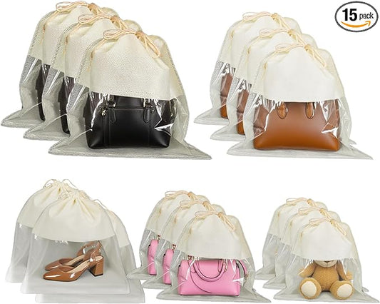 15 Pcs Dustproof Drawstring Bags Beige Dust Purse Storage Bags Non Woven String Pouch Handbags Fabric Cloth Covers Shoe Packing Organizer Pouch (Assorted Sizes)