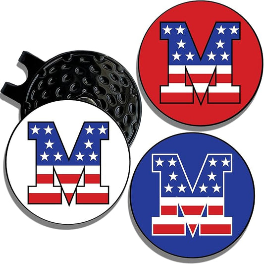Wolf Golf Towels Golf Ball Marker Hat Clip | USA Monogram | 1 Magnetic Clip + 3 Ball Markers | Patriotic Golf Accessories for Men & Women
