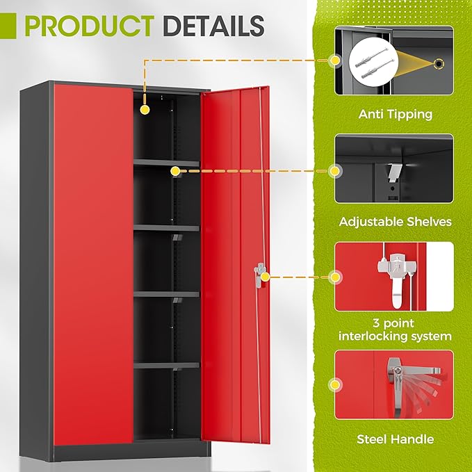 Greenvelly Metal Lockable Storage Cabinet, 72” Tall Storage Cabinet with 2 Doors and 4 Adjustable Shelves for Office, Home, Garage, Pantry (Assembly Required, 18”D, Black Red)