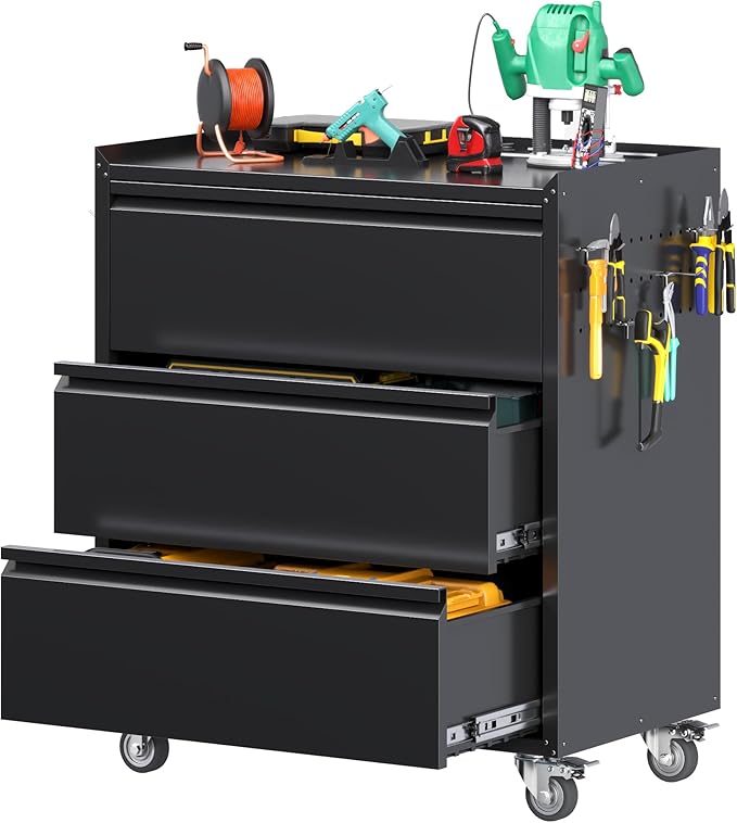 SUXXAN Metal Storage Cabinet with 3 Drawer and 4 Hooks,35.4" H Top Workbench Mobile Tool Chests Garage Cabinets with 4 Wheels,Tool Cabinets for Home,Office,Shop