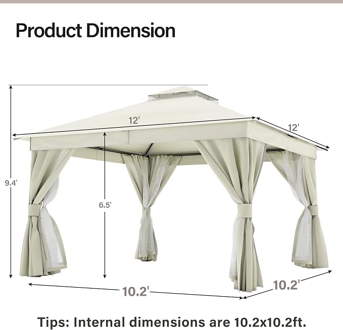 12'x12' Outdoor Gazebo, Metal Frame Heavy Duty Patio Canopy Tent Shelter - Image 2