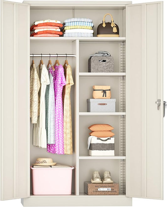 Greenvelly Metal Wardrobe Cabinet with Lock Door, 72" Metal Wardrobe Closet with Hanging Rods and Adjustable Shelves, Clothing Storage Closet Cabinet for Home, Office, Employee, Gym (Grey)