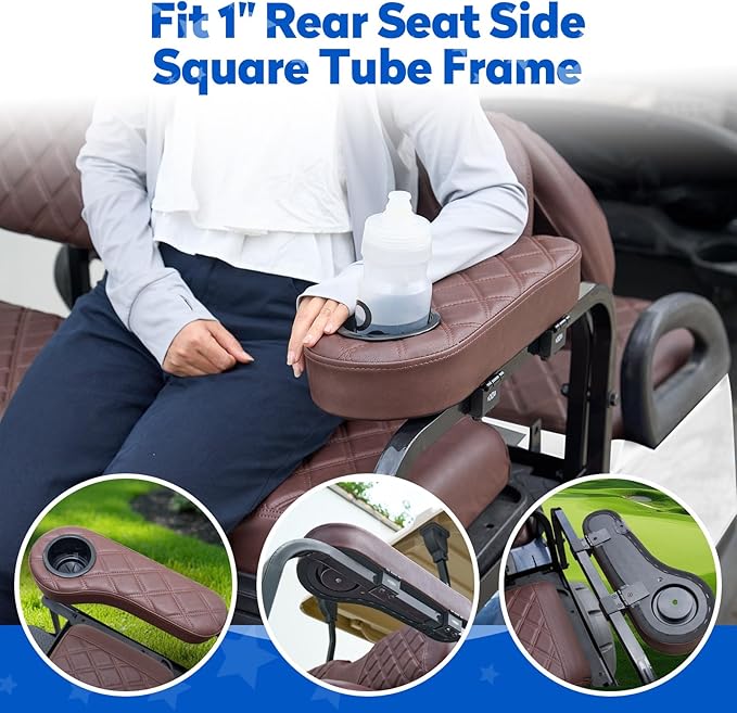 NOKINS Golf Cart Seat Covers for Club Car DS 2000.5-Up, Vinyl Front&Rear Seat Cover with Flip-Up Armrests kit, with Cup Holder, for 1" Square Tube (Brown&Brown 8438)