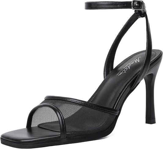 Mostrin Strappy Heels for Women Square Open Toe Lace Up Heeled Sandals Ankle Strap Sexy Stiletto High Heels for Party, Prom, Dating, Wedding