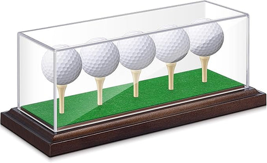 Golf Ball Display Case for 5 Balls Clear Acrylic Lid with Wooden Base and Tees, Memorabilia Stand Holder, Dustproof Transparent Storage Box for Golf Ball Collections Gifts Decor