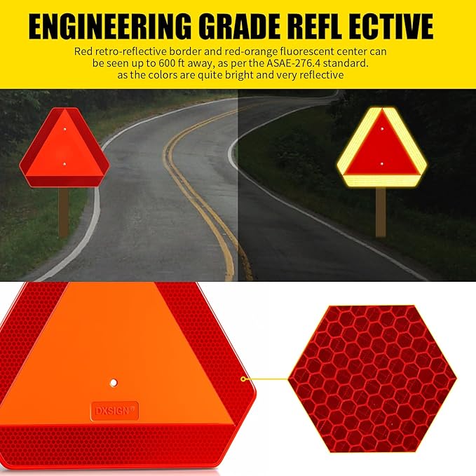 Slow Moving Vehicle Sign, Plastic DOT Slow Moving Vehicle Triangle Signs, SMV Sign 14"x16"x0.16"/5mm Thick Diamond Grade Reflective Up to 7 Years Outdoor for Golf Cart Accessories, Tractor, Utv,