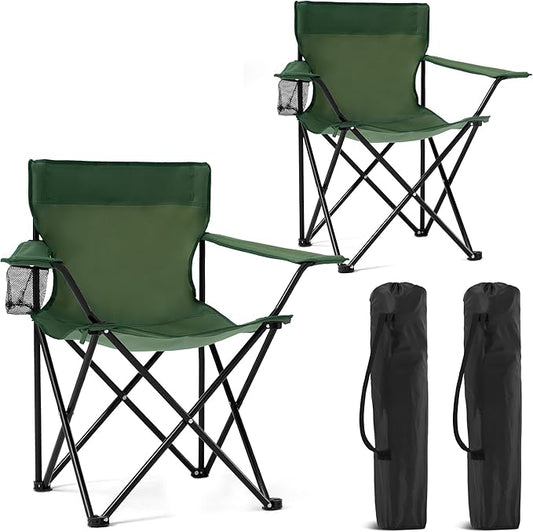 2 Pack Portable Camping Chairs Folding Lawn Chair Outdoor Lightweight Beach Chair with Cup Holder & Carry Bag for Outside Sports, Fishing, Hiking, Travel, Picnic, Backyard（Green