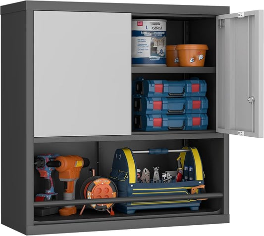 GREATMEET 31" H Metal Garage Storage Cabinets with Doors and Shelves, Lockable Storage Cabinet with Lock, Black Hanging Cabinets for Wall, Wall Mount Cabinet for Utility Room, Black&Grey